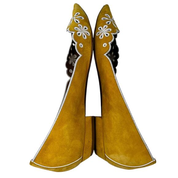 Tabitha Simmons Suede Embroidered Eyelet Flat 39 Gold Mustard 9 - Picture 5 of 12